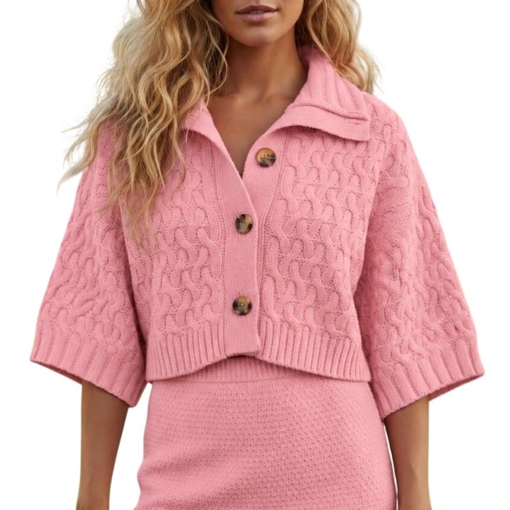 Free People Mae Cable Knit Cardigan Women M Short Sleeve Funnel Neck Pink NWT